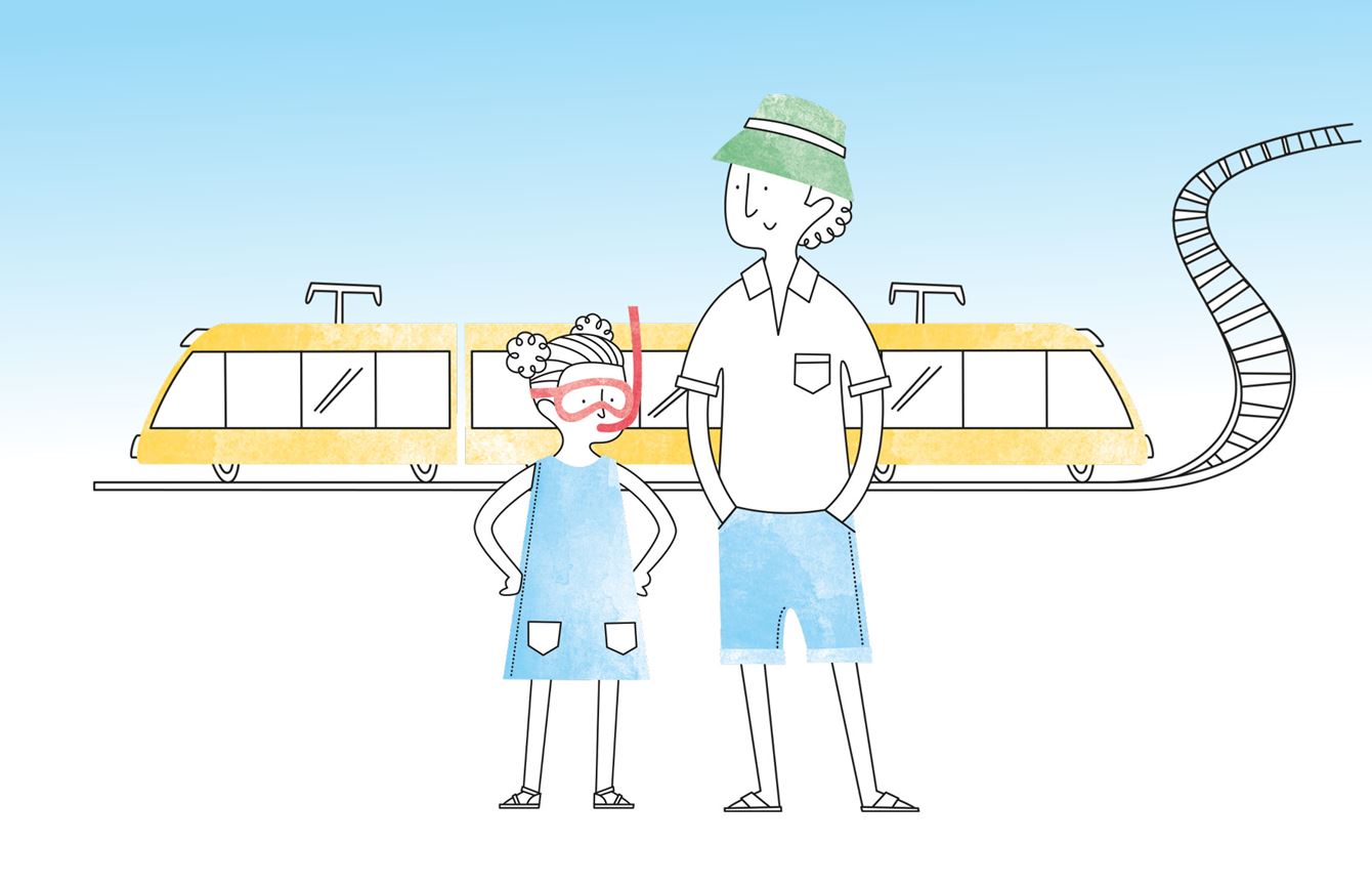 Ett barn och en pappa står framför ett tåg