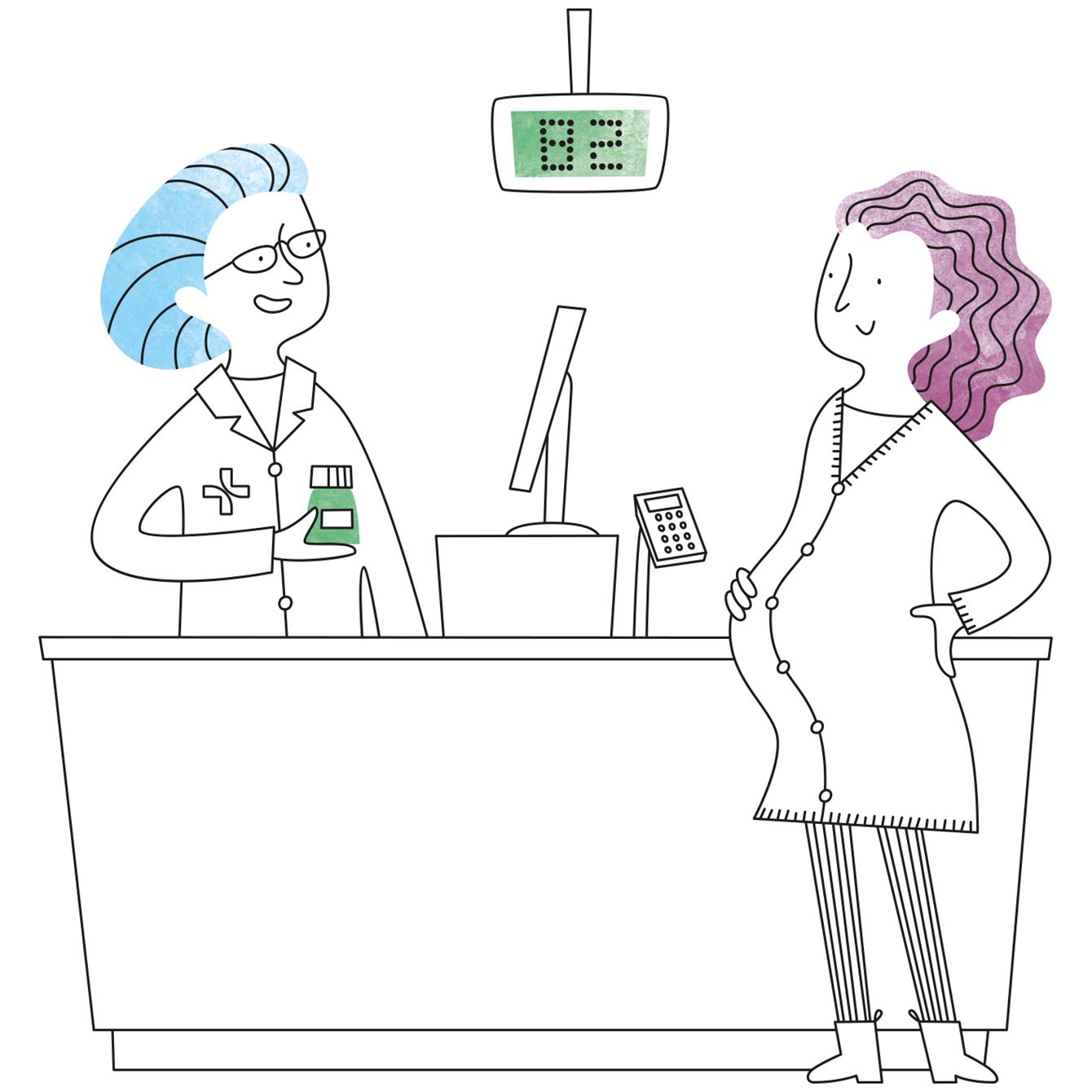 Gravid kvinna talar med farmaceut på apotek.