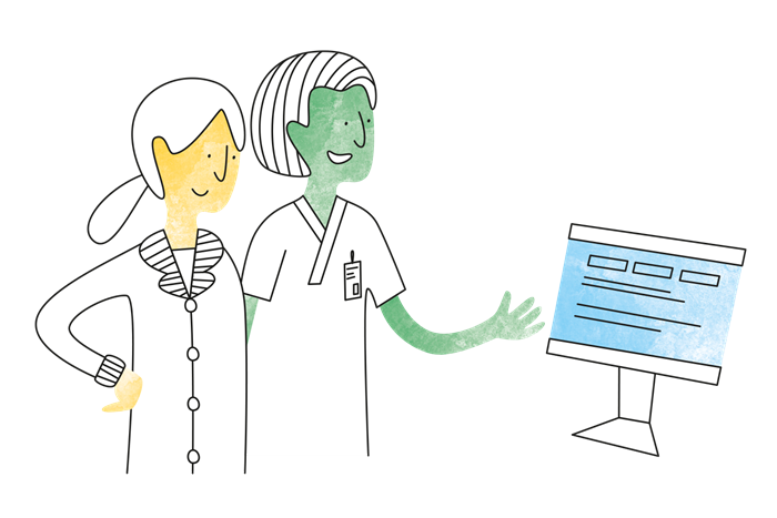 Illustration av läkare och patient som kollar i register på datorn