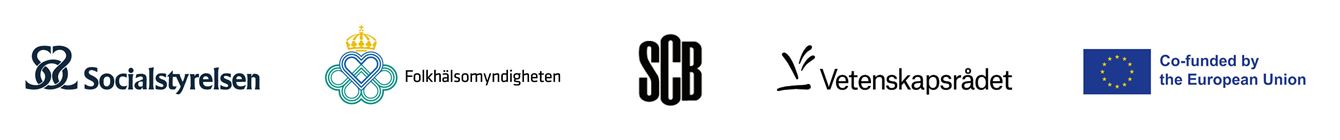 Logotyper för Socialstyrelsen, Folkhälsomyndigheten, SCB, Vetenskapsrådet, Europeiska unionen